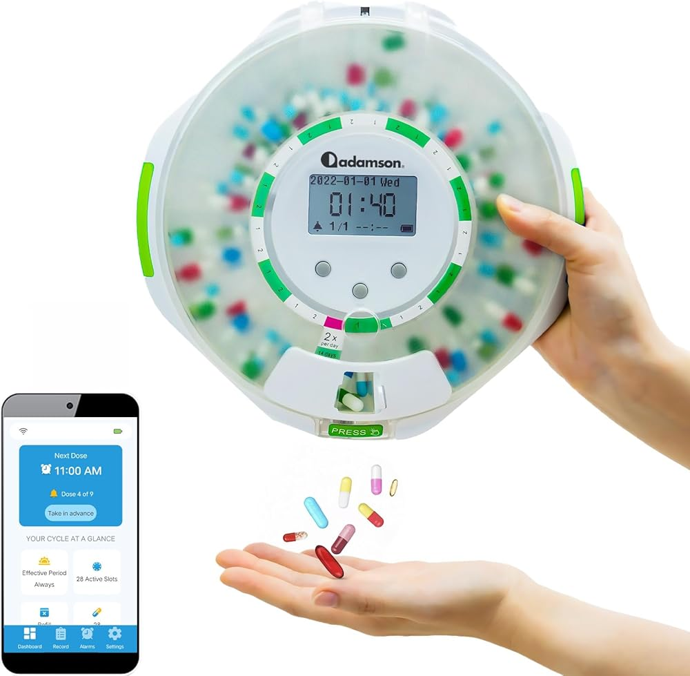 AI smart pill dispenser for elderly medication management in 2026 with automatic dosing and caregiver alerts